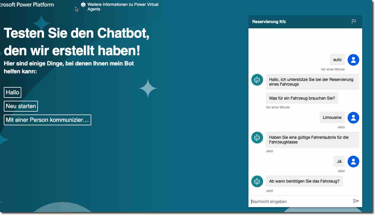 Power Virtual Agents-Bot auf der Demowebsite