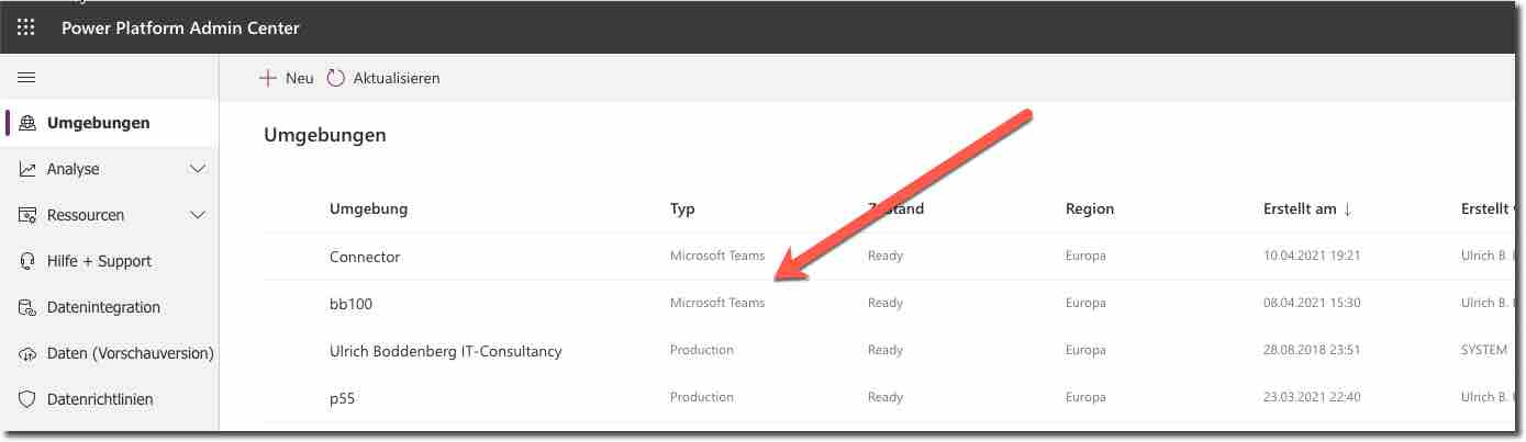 Für das Team wird eine Umgebung in der Power Platform eingerichtet