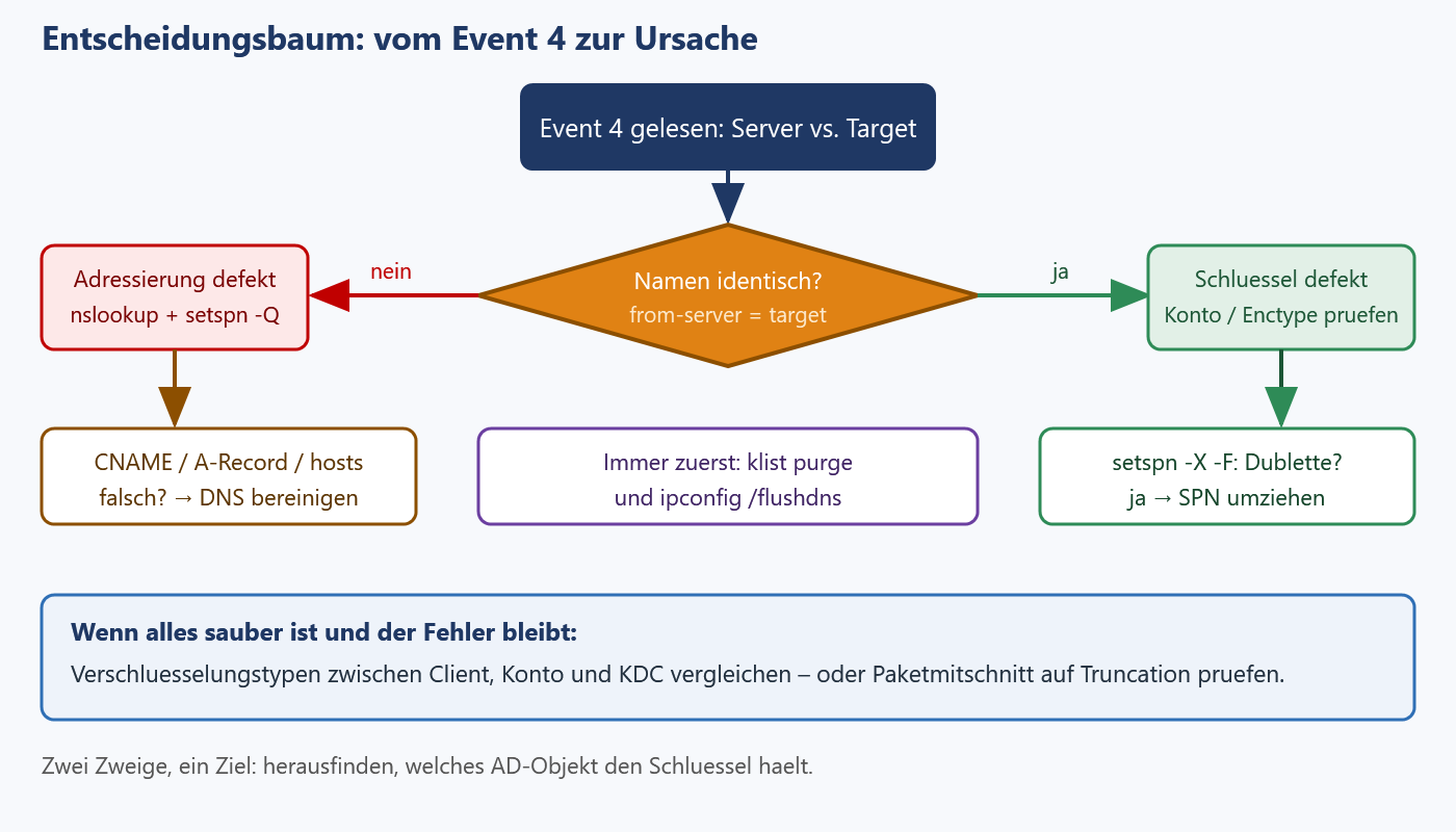 Entscheidungsbaum von Event 4 zur Ursache: Namensvergleich führt zu DNS-Bereinigung oder SPN-Prüfung per setspn -X -F.