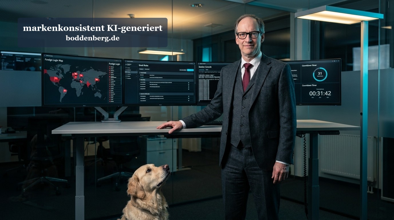 Geschäftsmann mit Brille und Anzug posiert neben seinem Golden Retriever vor mehreren Überwachungs-Monitoren in einer modernen IT-Zentrale.