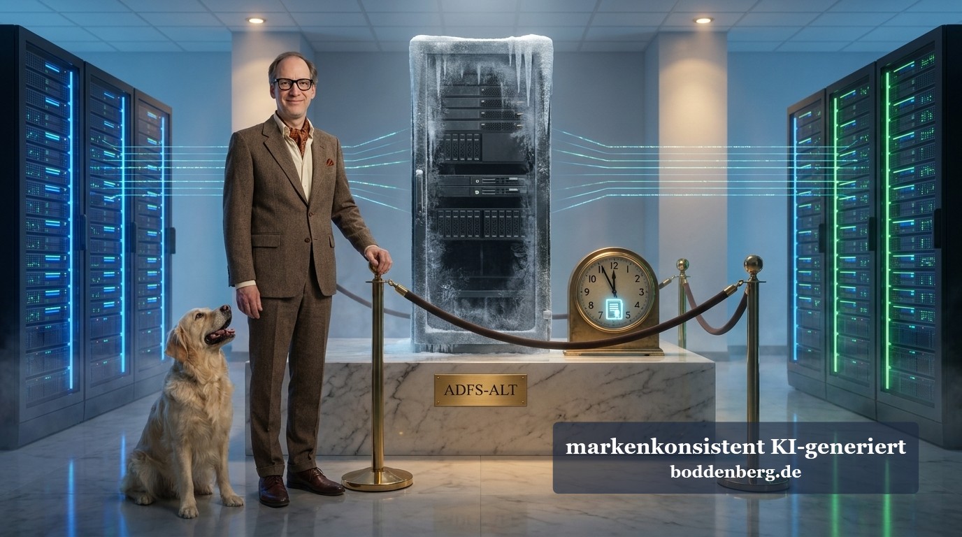 ADFS-Farm-Denkmal im Datencenter Mann im Anzug mit Hund steht in einem modernen Datencenter neben einem monumentalen Denkmal für einen gefrorenen Server, umgeben von glühenden Server-…