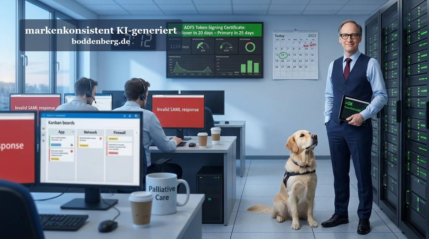 ADFS Token-Signing Certificate Rollover im Serverraum Team im Serverraum: zwei Mitarbeiter am Monitor mit Kanban-Board, ein Mann in Business-Outfit mit Laptop und ein Labrador neben Server-Racks.