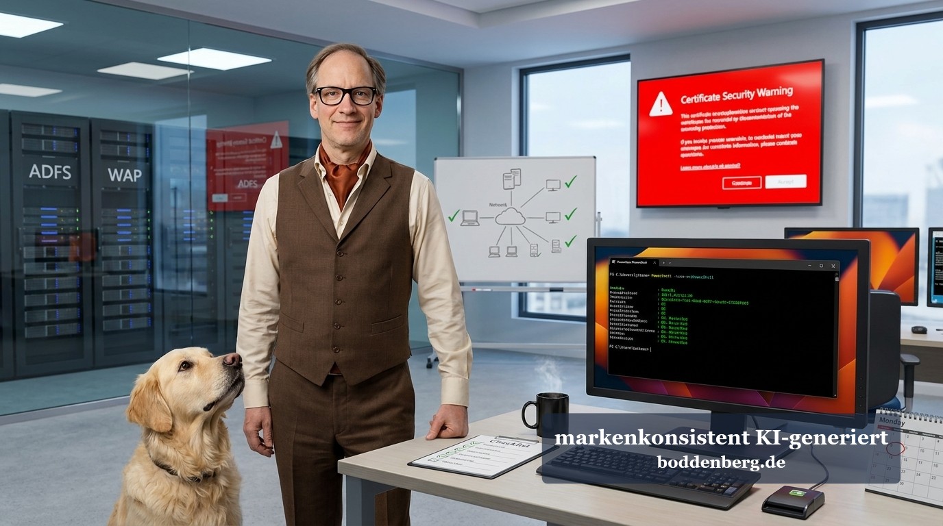 ADFS-Zertifikat-Ablauf Schreckensszenario Mann in Weste mit Brille und Hund in modernem IT-Büro vor Schreibtisch mit Monitor, Tastatur und Sicherheitswarnmeldung an der Wand.