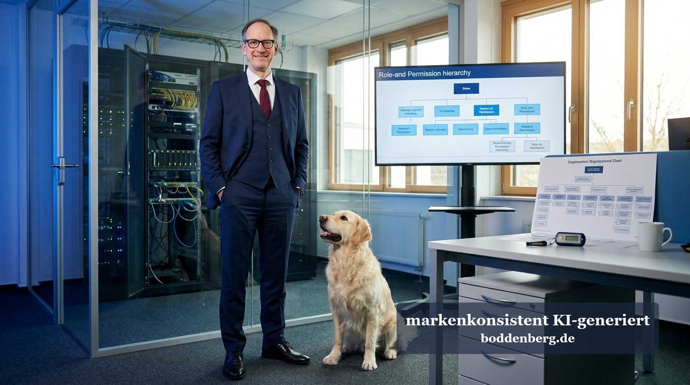 Der Admin und sein vierbeiniger Begleiter Mann im Anzug mit Brille steht neben einem Golden Retriever in einem Büro mit Rechenzentrum und Organisationsdiagrammen an der Wand.
