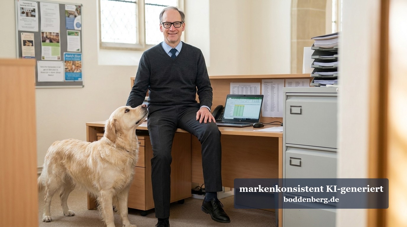 Geschäftsmann in dunklem Pullover sitzt an Schreibtisch mit Laptop und Hund daneben, Büroumgebung mit Aktenordner und Pinnwand.