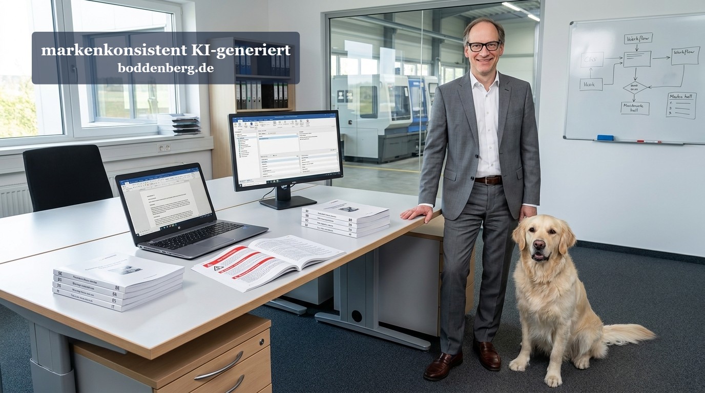 Ein Mann in Geschäftsanzug und Brille steht lächelnd neben einem Golden Retriever an seinem Schreibtisch in einem modernen Büro.