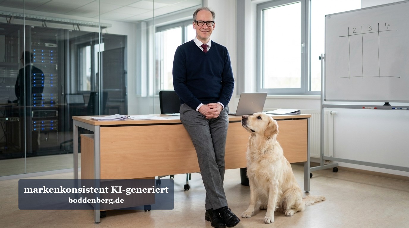 Berater mit Hund im modernen IT-Büro Ein Mann mit Brille sitzt auf einem Schreibtisch neben einem hellgelben Labrador in einem modernen Büro mit großen Fenstern, Whiteboard und Server-Anl…
