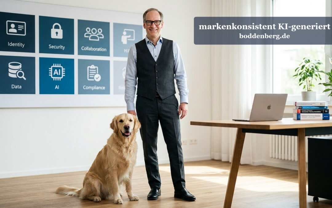 Consultant in Business-Outfit steht neben einem Golden Retriever in einem modernen Büro mit IT-Kompetenzsymbolen an der Wand.
