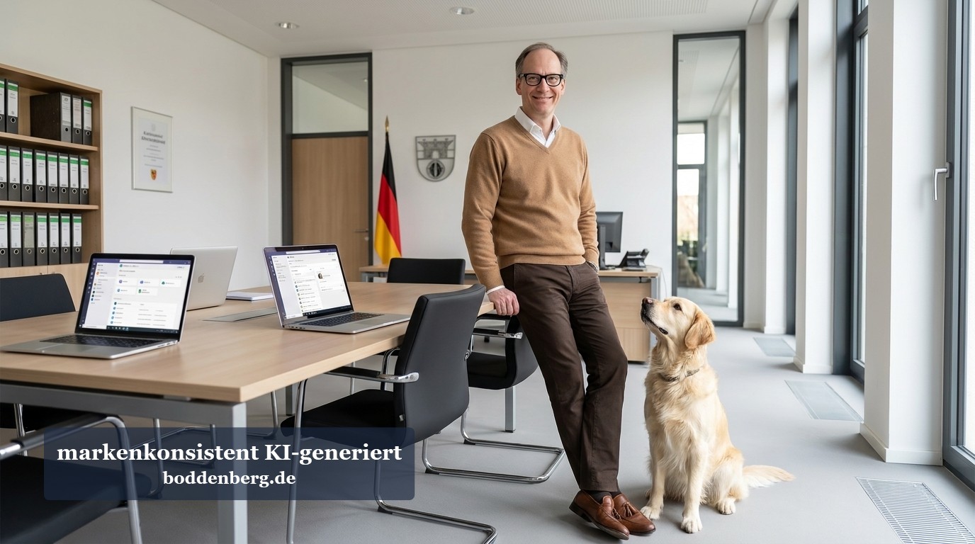 Berater mit Hund im modernen Büro Mann mit Brille in beiger Strickjacke mit Hund im modernen Büro, im Hintergrund Laptops und Schreibtisch.