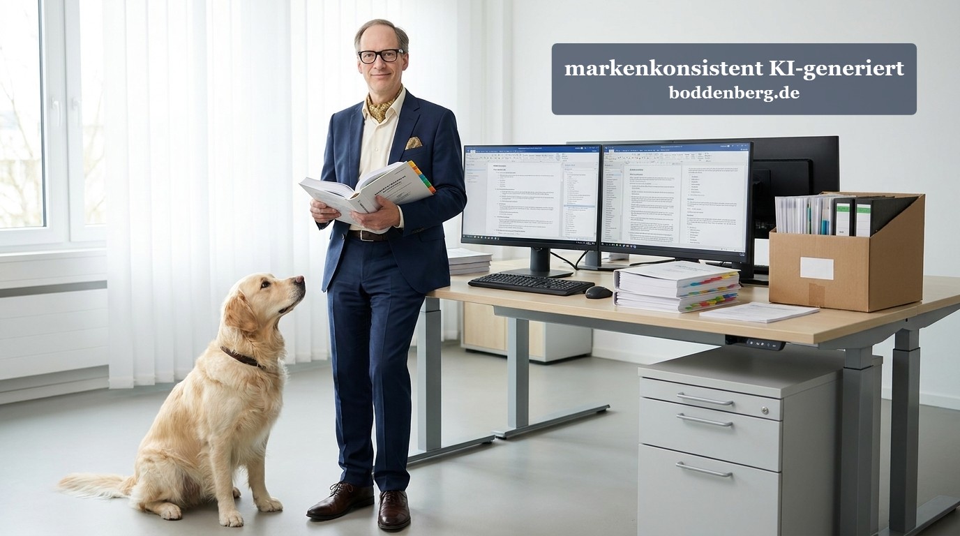 Ein Geschäftsmann in dunklem Anzug hält ein aufgeschlagenes Buch und steht neben einem Golden Retriever in einem modernen Büro mit Doppelbildschirmen.