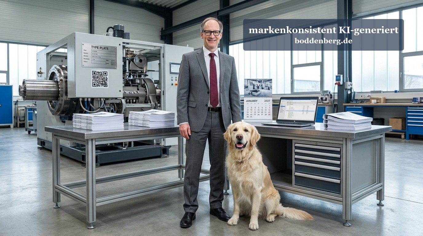 Betriebsleiter in grauem Anzug mit Brille und Hund in moderner Fabrikhalle neben Arbeitstisch und Industriemaschine.