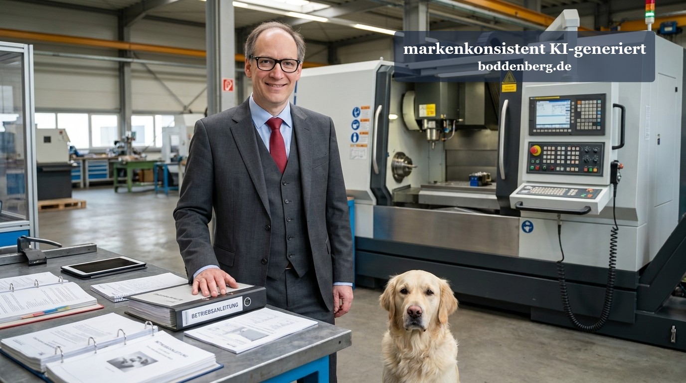 Ein Betriebsleiter in Anzug und Krawatte steht an einer Werkbank neben einem golden-farbenen Hund vor einer CNC-Fräsmaschine in einer Industriewerksta…