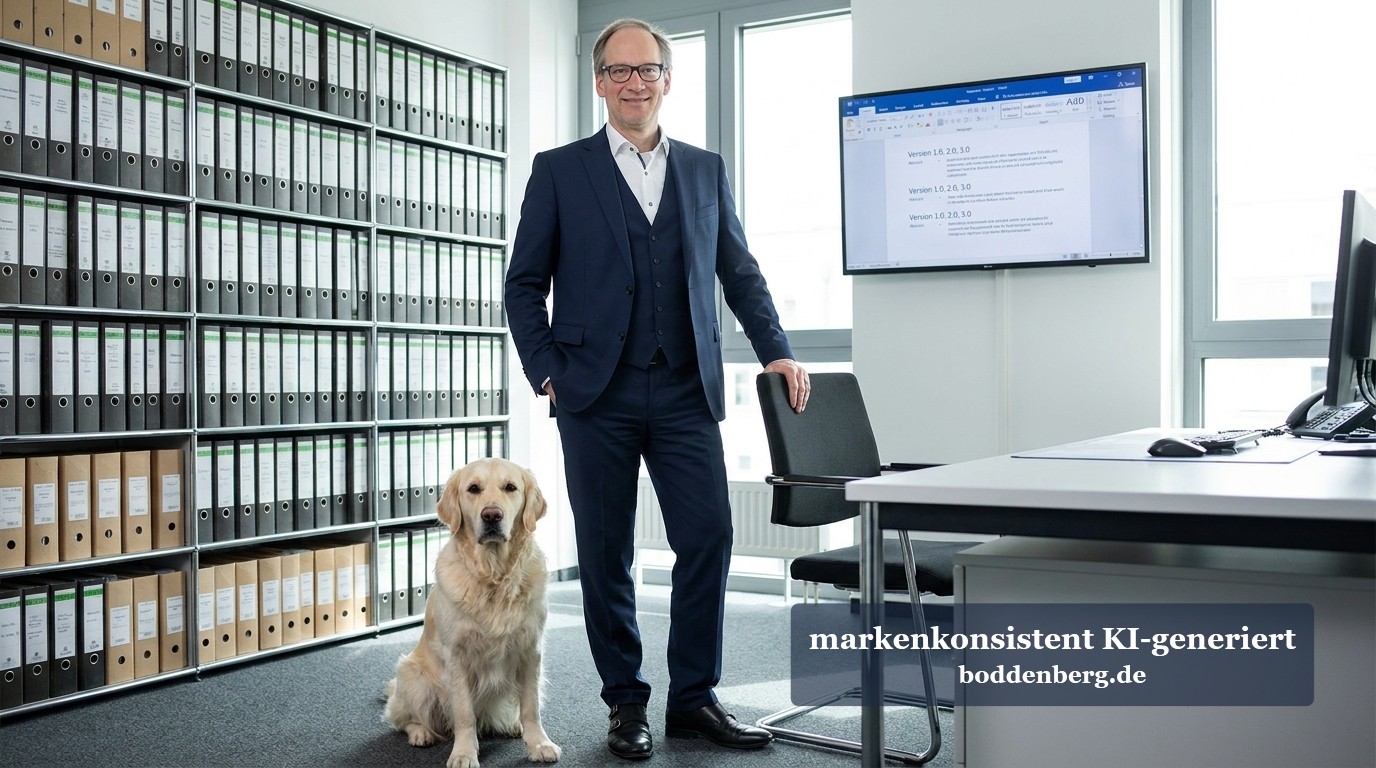 Geschäftsmann mit Hund im Büro vor Aktenschrank Ein Geschäftsmann in dunklem Anzug steht neben einem hellblonden Labrador in einem modernen Büro mit Aktenschränken, Schreibtisch und Monitor.