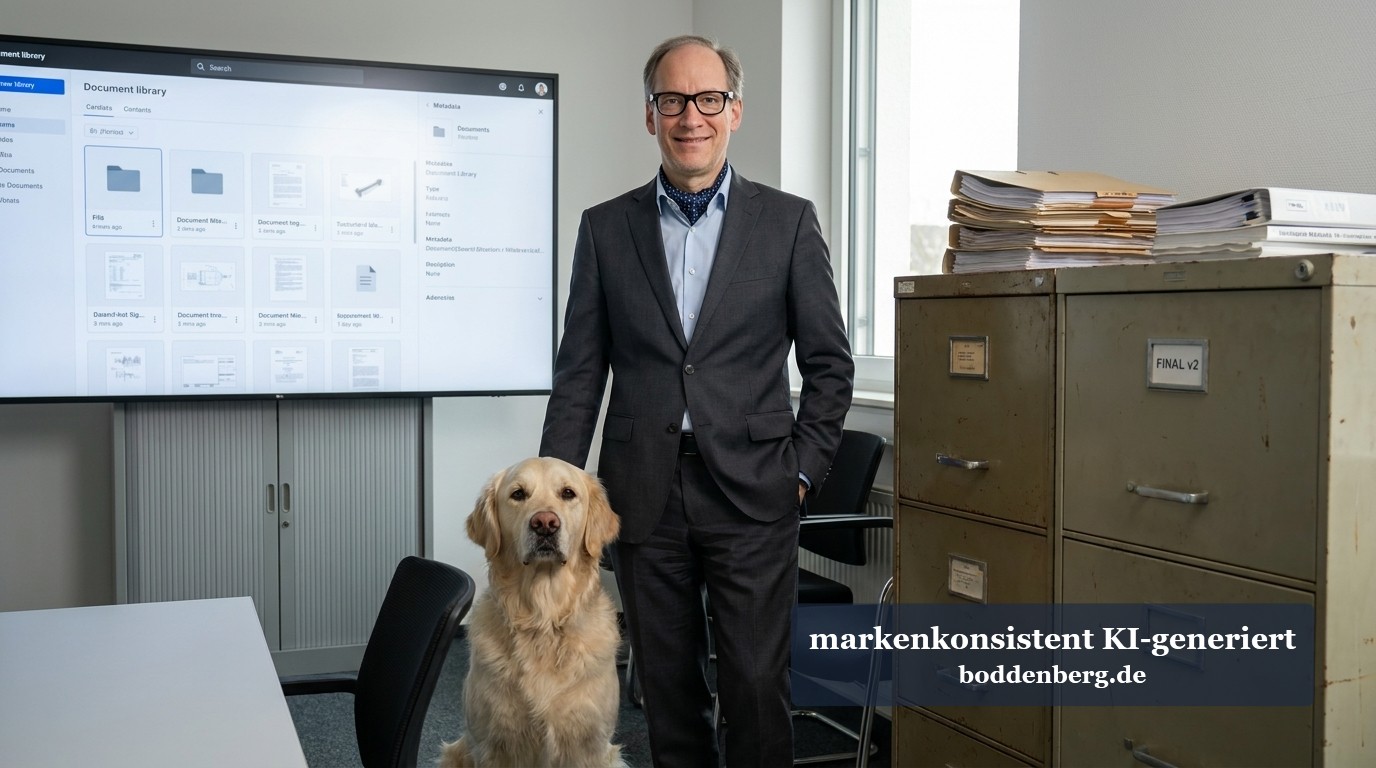 Büro mit Person und Hund Geschäftsmann mit Brille und Anzug steht neben einem Labrador in einem modernen Büro mit Dokumentenablage und Monitor.