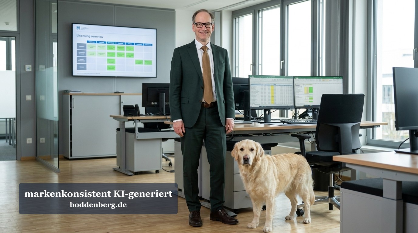 Manager mit Hund im IT-Büro Manager in grauem Anzug mit Brille und brauner Krawatte steht neben einem hellgoldenem Labrador in modernem Büro mit Bildschirmen und Lizenzverwaltung…