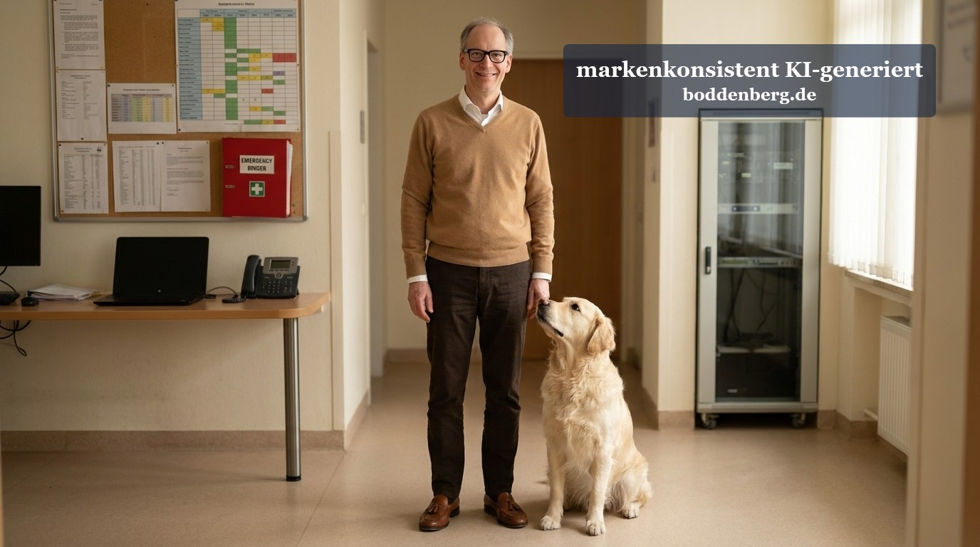 Mann mit Brille und braunem Pullover steht neben einem goldenen Labrador in einem hellen Büroflur.