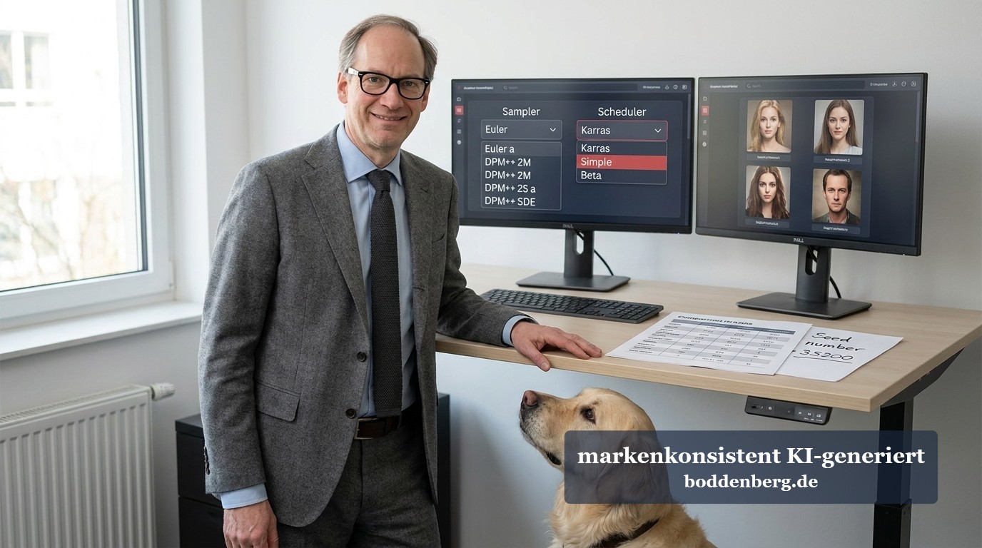 Fehlersuche im IT-Team: Mann mit Hund am Arbeitsplatz Geschäftsmann mit Brille und Anzug steht neben seinem Hund vor einem Schreibtisch mit zwei Monitoren, die Designsoftware und Porträts zeigen.
