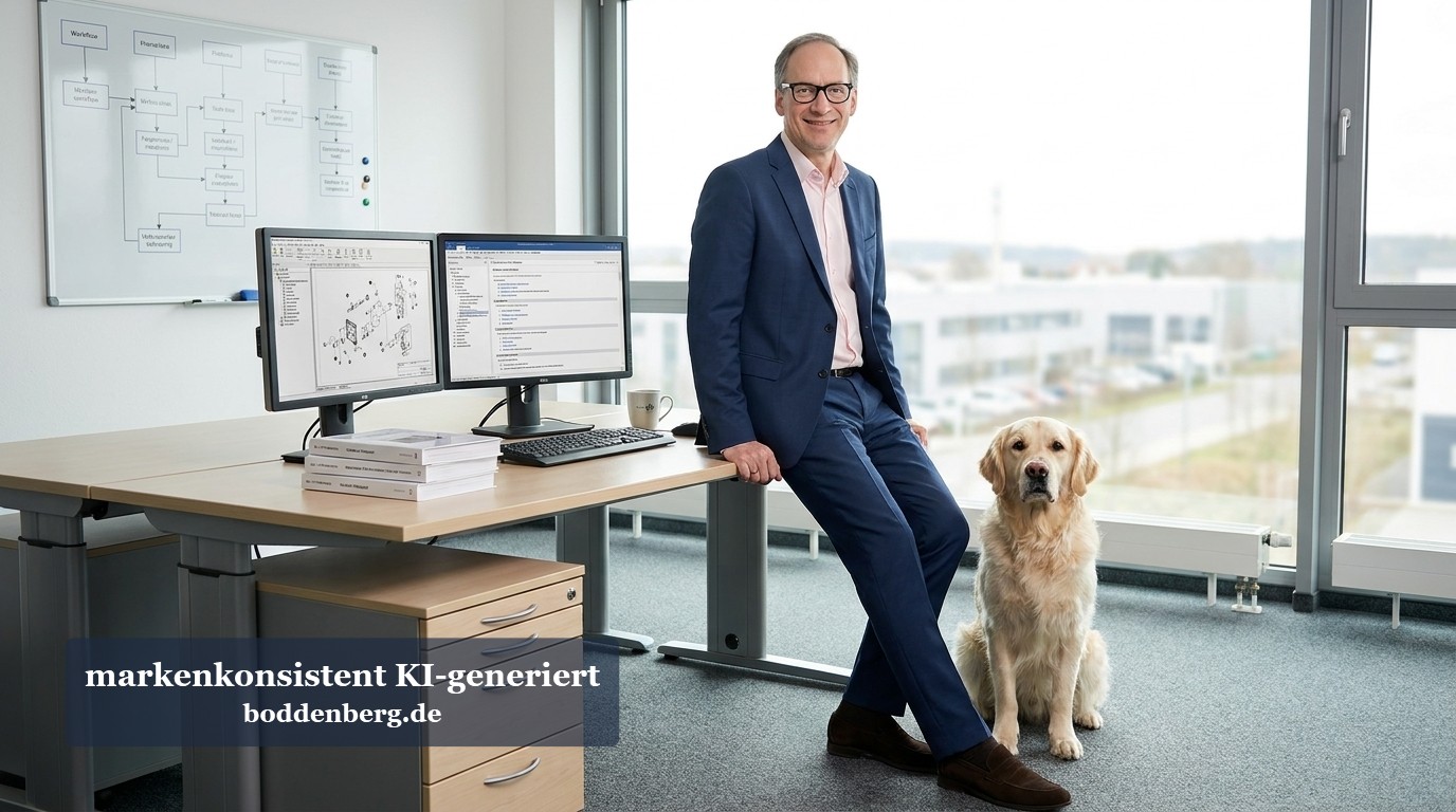 Mann in Anzug sitzt auf einem Schreibtisch neben einem hellbraunen Labrador in einem modernen Büro mit Doppelmonitoren.