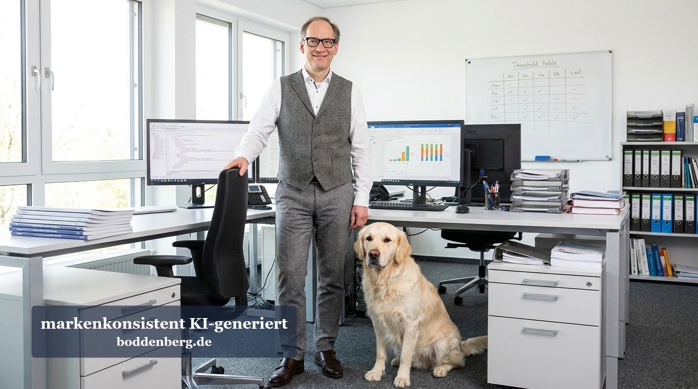 Geschäftsführer mit Labrador im Büro Mann mittleren Alters mit Brille und Weste neben Labrador im modernen Büro mit Dual-Monitoren und Aktenregalen.