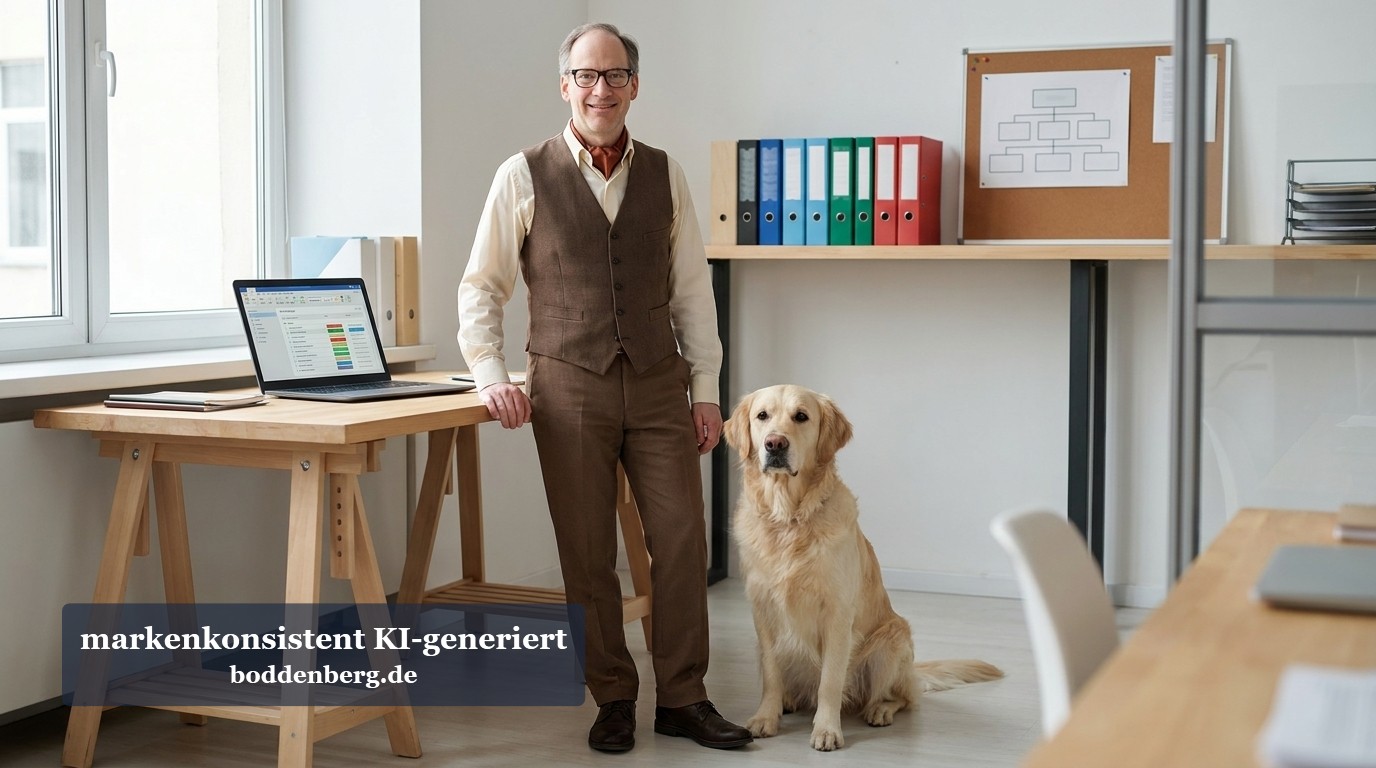 Mann in Weste und Brille steht neben einem Labrador in modernem Büro mit Laptop, Bücherregalen und Organizationsmaterialien.