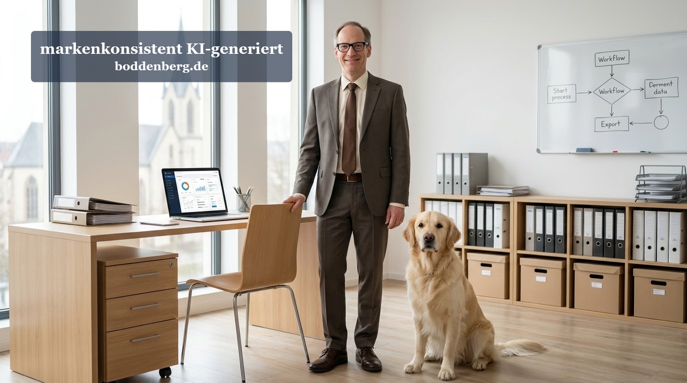 Mann im Anzug und Labrador sitzen gemeinsam in modernem Buero mit Schreibtisch, Laptop und Workflow-Diagramm an der Wand.