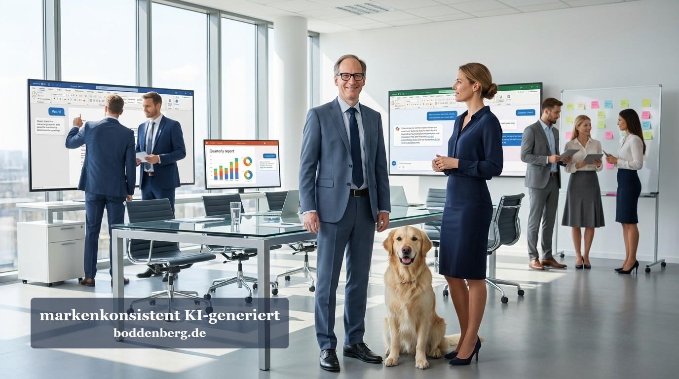 Ein Büro mit mehreren Personen in Business-Kleidung, einer sitzt neben einem Golden Retriever, während andere an Whiteboards und Monitoren arbeiten.