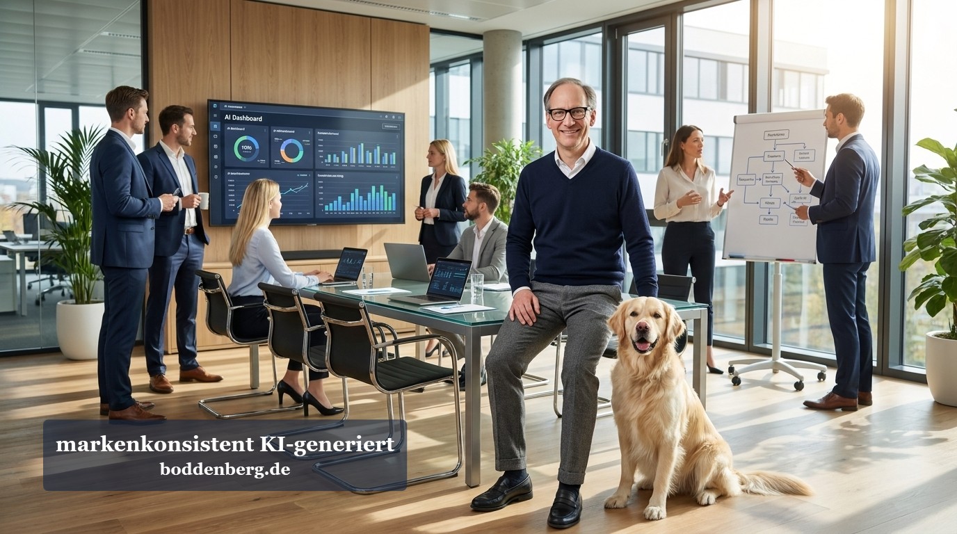 Team in modernem Büro mit Blick auf AI Dashboard und Analytics, ein Geschäftsmann sitzt lässig mit Labrador Retriever in der Vordergrund.