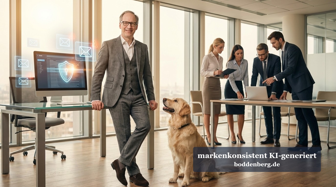 Geschäftsteam und ein Golden Retriever in einem modernen Büro mit Sicherheits-Visualisierung auf dem Monitor.
