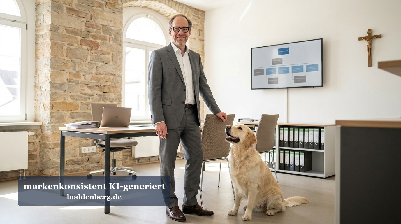 Ein Mann im Anzug steht neben seinem Schreibtisch in einem modernen Büro mit Backsteinwand, neben ihm sitzt ein Golden Retriever.