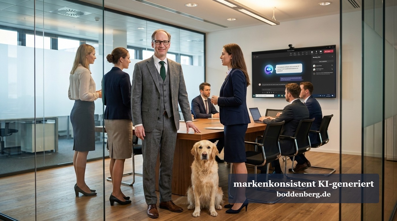 Geschäftsleute in einem modernen Konferenzraum bei einer Besprechung, während ein Golden Retriever neben dem Tisch sitzt.