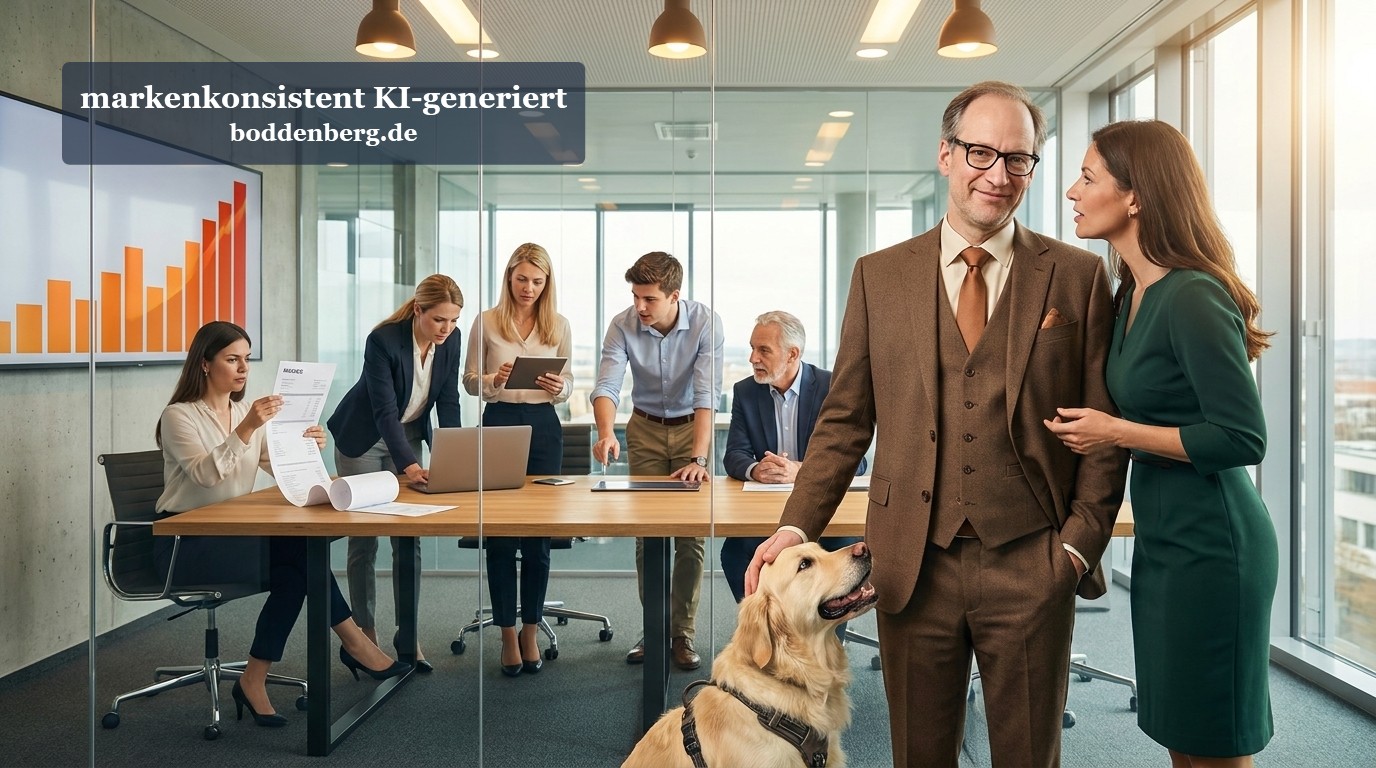 Büro-Team mit Hund im Meeting Geschäftsteam in modernem Büro mit Glaswänden, ein Mann mit Hund im Gespräch mit einer Frau, mehrere Kollegen im Hintergrund.