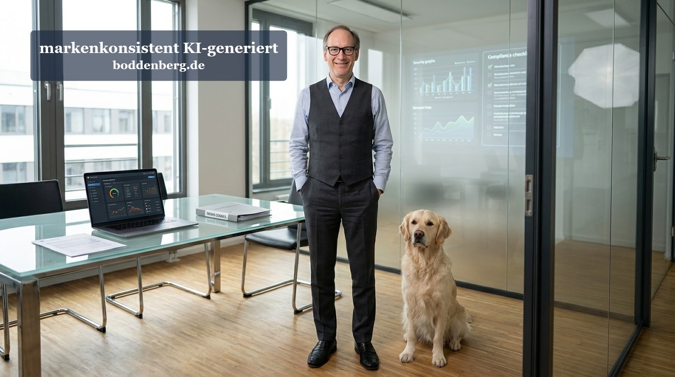 Geschäftsmann mit Golden Retriever im modernen Büro Geschäftsmann in Bürokleidung steht neben einem hellbraunen Golden Retriever in einem modernen Büro mit Glastüren und Konferenzwänden.