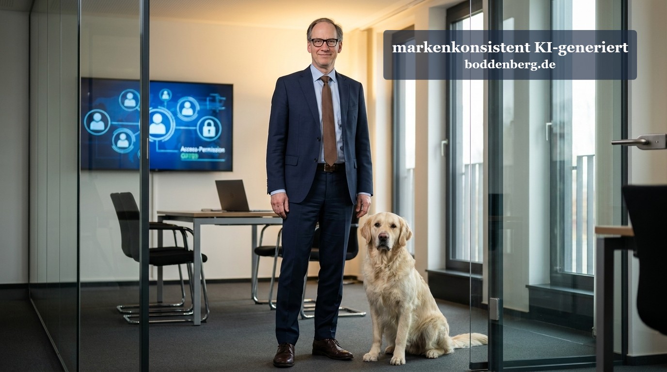 Ein Mann im Anzug mit Brille steht neben einem cremefarbenen Labrador vor einem Schreibtisch mit Laptop und Bildschirm, der Access-Permissions-Symbole…