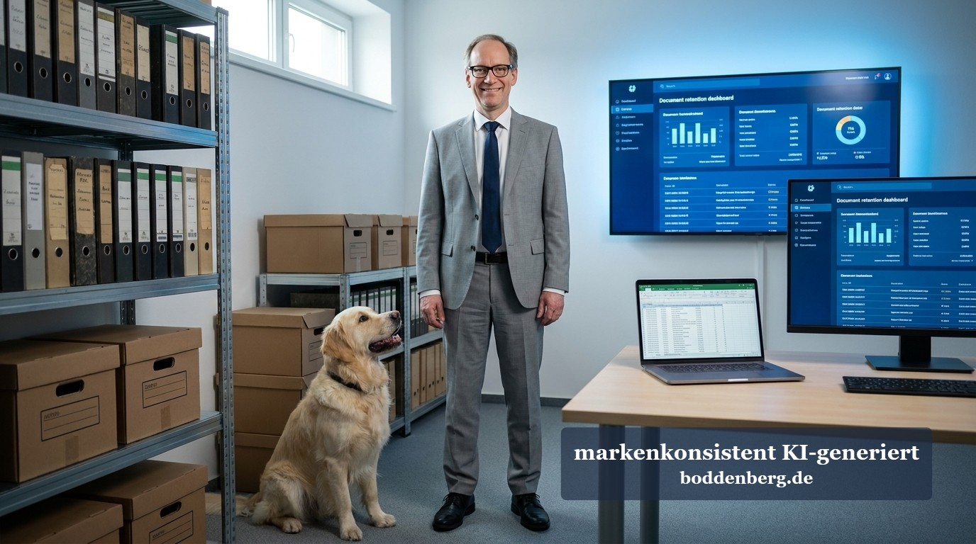 Geschäftsmann mit Hund vor Büro-Dashboard Ein Geschäftsmann mit Brille und grauem Anzug steht neben einem Golden-Retriever in einem modernen Büro mit Aktenschränken, Monitoren mit Datenvisuali…