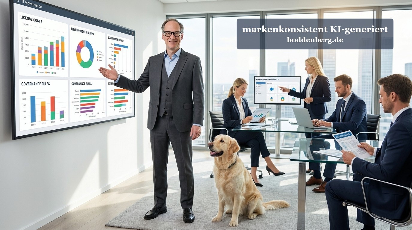 Business-Meeting mit Governance-Dashboard und Hund im Konferenzraum Geschäftsteam in modernem Konferenzraum mit Governance-Dashboard, ein Mann präsentiert, ein Hund sitzt im Raum.