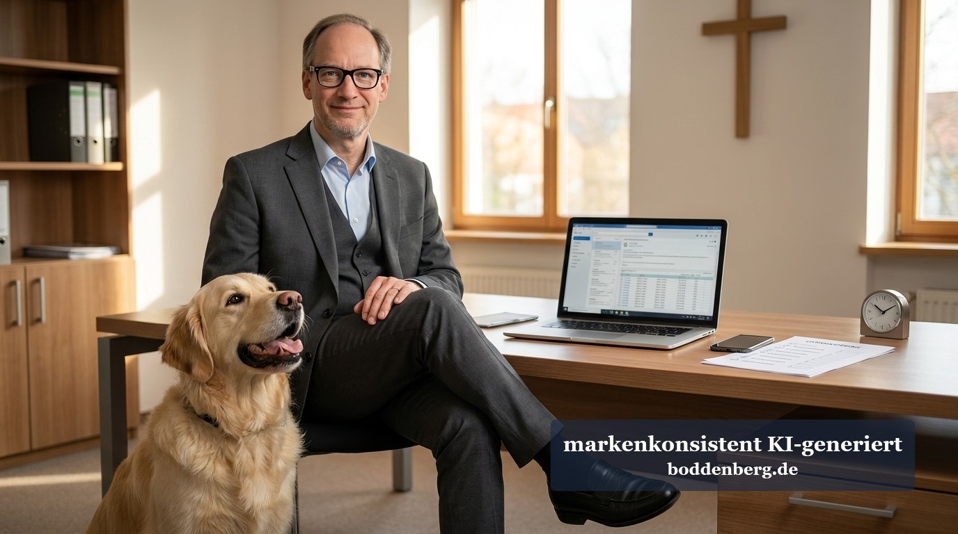 Professionalist mit Hund im Büro Ein Mann mittleren Alters mit Brille in grauem Anzug sitzt mit seinem Labrador am Schreibtisch in einem modernen Büro.