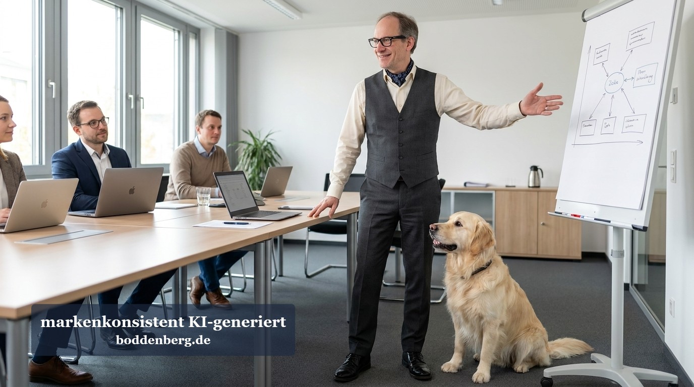 Geschäftsschulung mit Flipchart und Hund im Konferenzraum Ein Trainer präsentiert vor einer Gruppe von Fachleuten an einem Flipchart, während ein Golden Retriever im Konferenzraum sitzt.