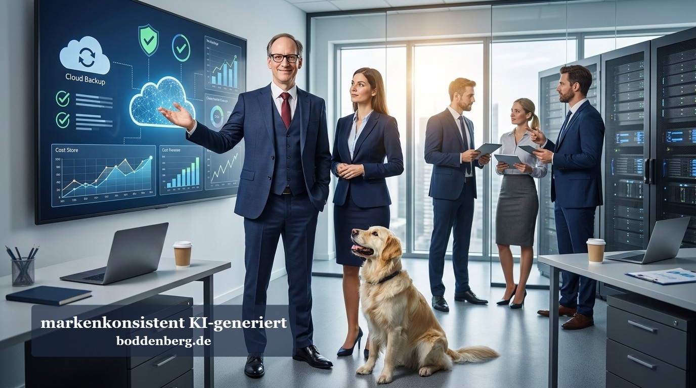 Business-Team mit Cloud-Backup-Dashboard Geschäftsteam in modernem Büro mit Cloud-Backup-Dashboard auf der Wand und Hund auf dem Boden.