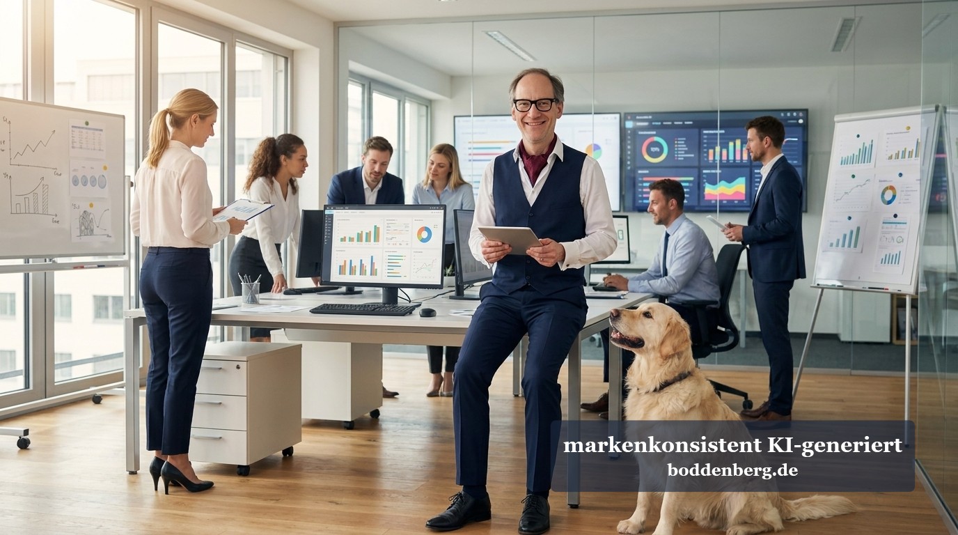 Business-Team mit Datenanalyse im Büro Business-Team in modernem Büro mit Datenvisualisierungen auf Bildschirmen und Whiteboards, ein Labrador sitzt auf dem Boden.