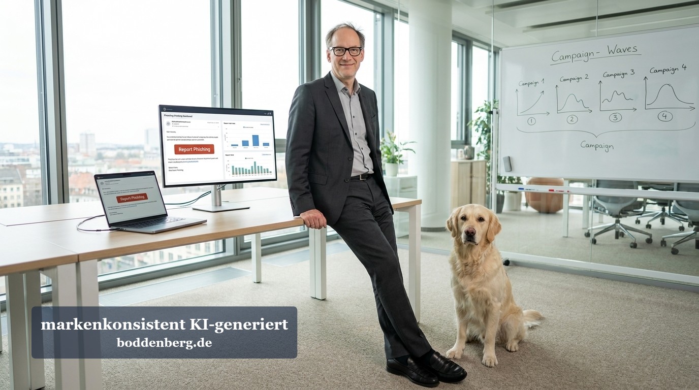 Mann in Anzug lehnt lächelnd an Schreibtisch neben Labrador in modernem Buero mit Monitoring-Displays und Whiteboard.