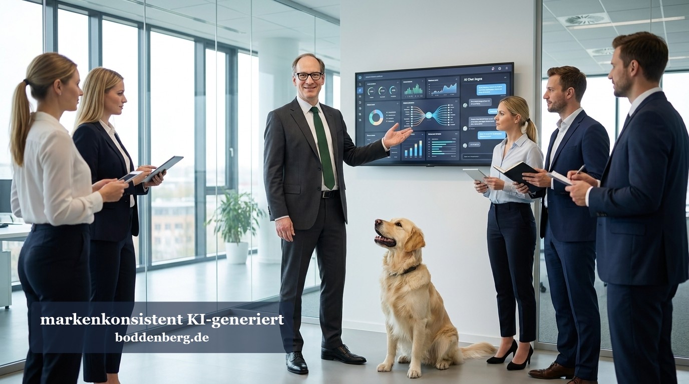 Team-Präsentation mit Analytics-Dashboard im Konferenzraum Geschäftsteam in modernem Büro präsentiert Analytics-Dashboard an Monitor, mit Hund in der Gruppe.