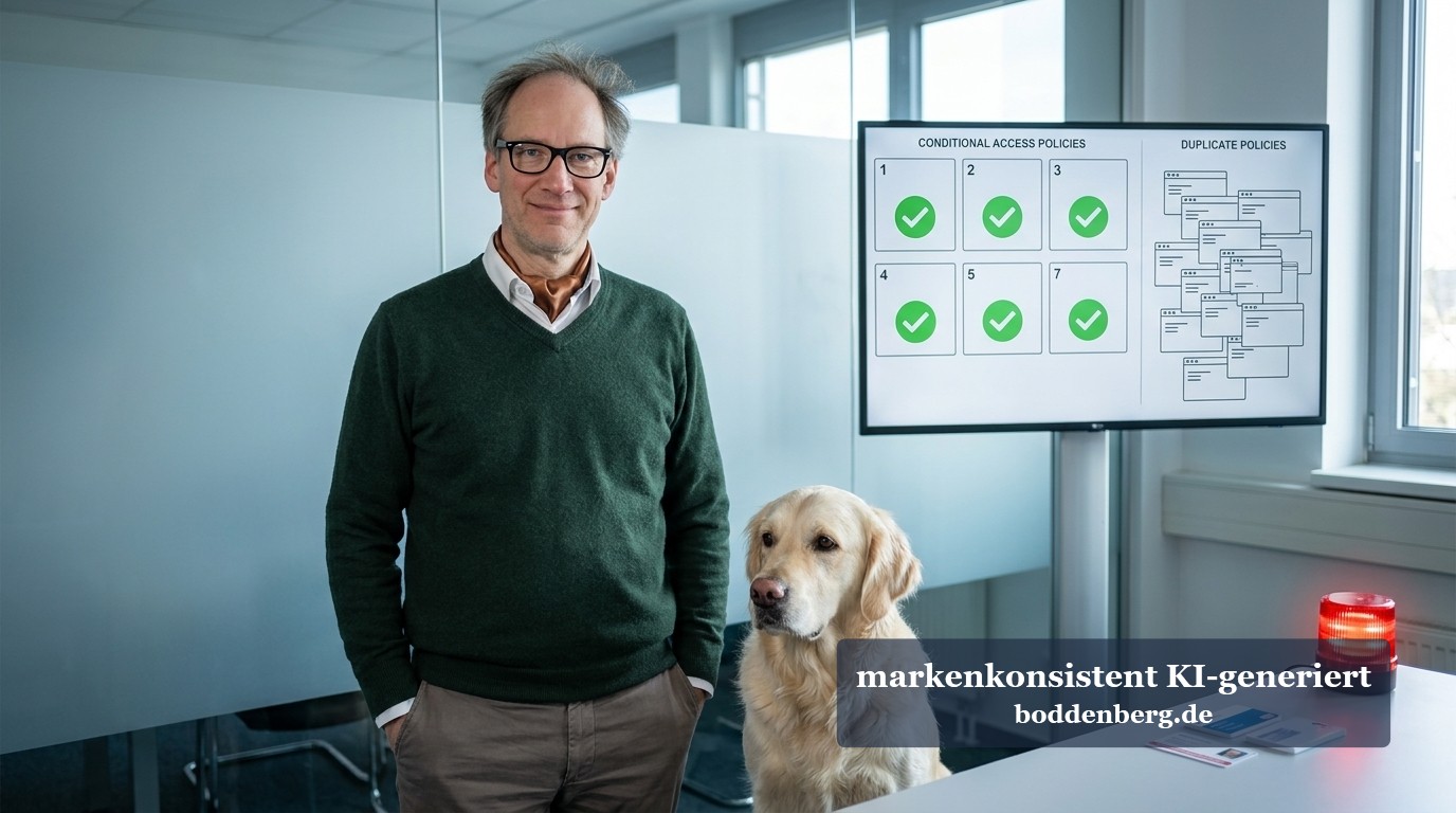 Mann mit Brille in grünem Pullover steht neben einem Labrador an einem Schreibtisch vor einem Monitor mit Access-Policy-Diagramm.