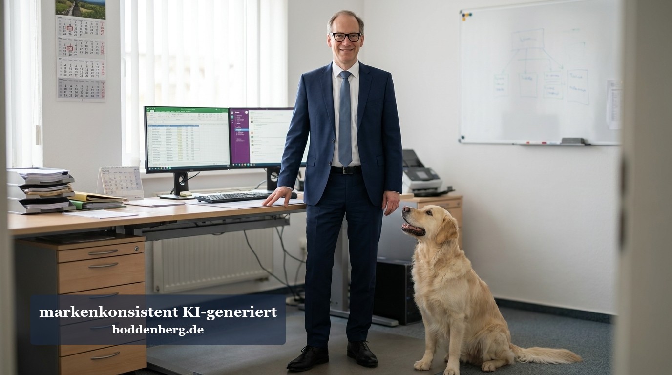 Ein Unternehmensberater im dunklen Anzug steht neben seinem Hund an einem Schreibtisch mit mehreren Monitoren und Kalender an der Wand.