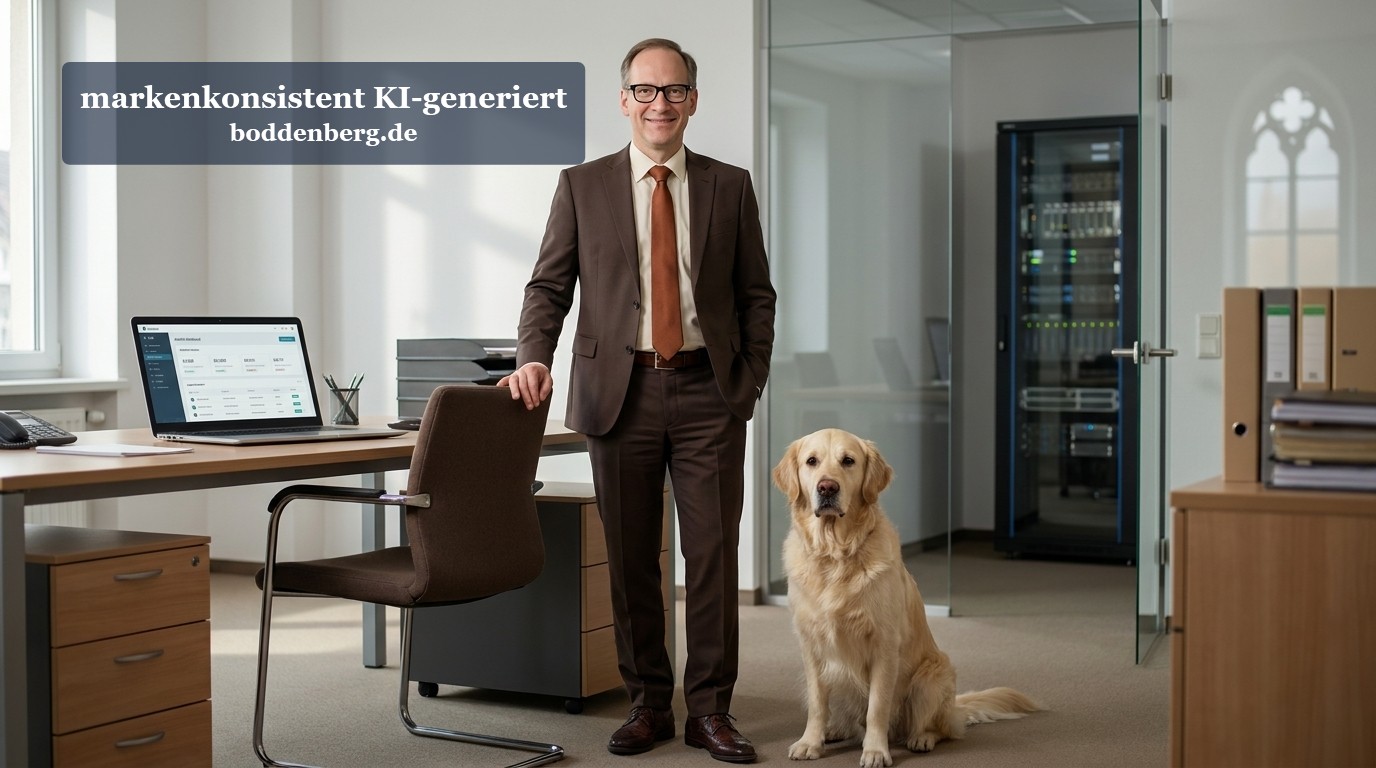 Consultant mit Labrador im modernen Büro Ein Geschäftsmann in braunem Anzug steht neben einem cremefarbenen Labrador in einem modernen Büro mit Schreibtisch, Laptop und Glaswänden.