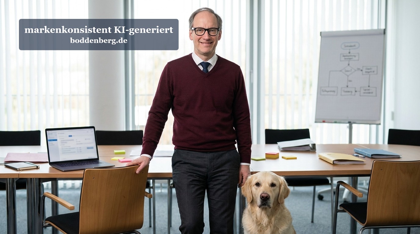 Mann mit Brille und Pullover steht in modernem Büro neben einem Labrador Retriever am Tisch, im Hintergrund Fensterfront mit Whiteboard.