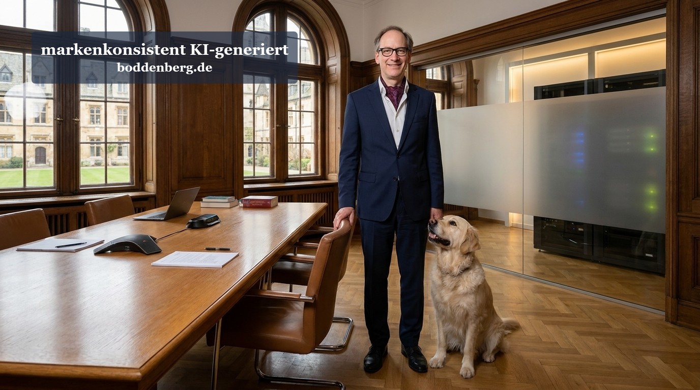 Mann im dunklen Anzug steht mit einem hellbraunen Hund in einem elegantem Büro mit Holzschaltern, großen Fenstern und Präsentationswand.