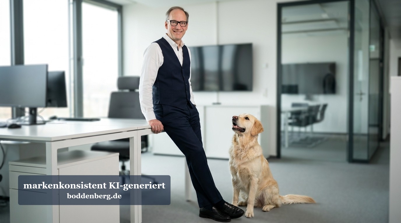 Professional mit Hund im modernen Büro Ein Geschäftsmann in Weste und Hemd lehnt an einem weißen Schreibtisch neben einem golden-cremefarbenen Labrador in einem modernen Büro.