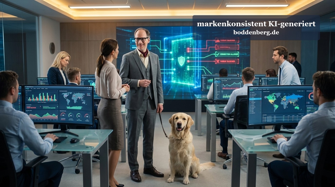 IT-Sicherheitsteam im modernen Kontrollraum mit Monitoren IT-Sicherheitsteam in moderner Kontrollraum mit Überwachungsbildschirmen, ein Hund sitzt im Zentrum.
