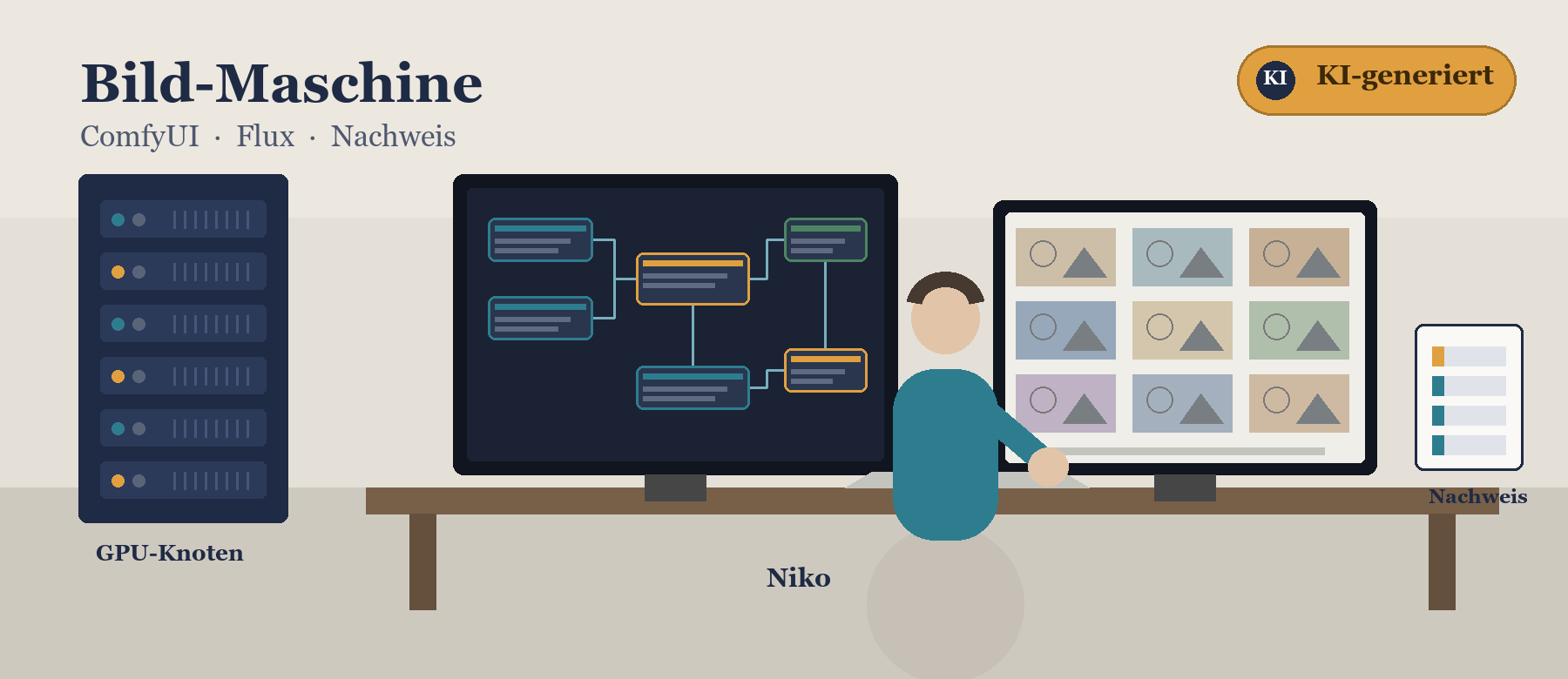 Illustration: GPU-Knoten, ComfyUI-Workflow-Monitor und generierte Bildgalerie bilden eine skalierbare Bild-Maschine.