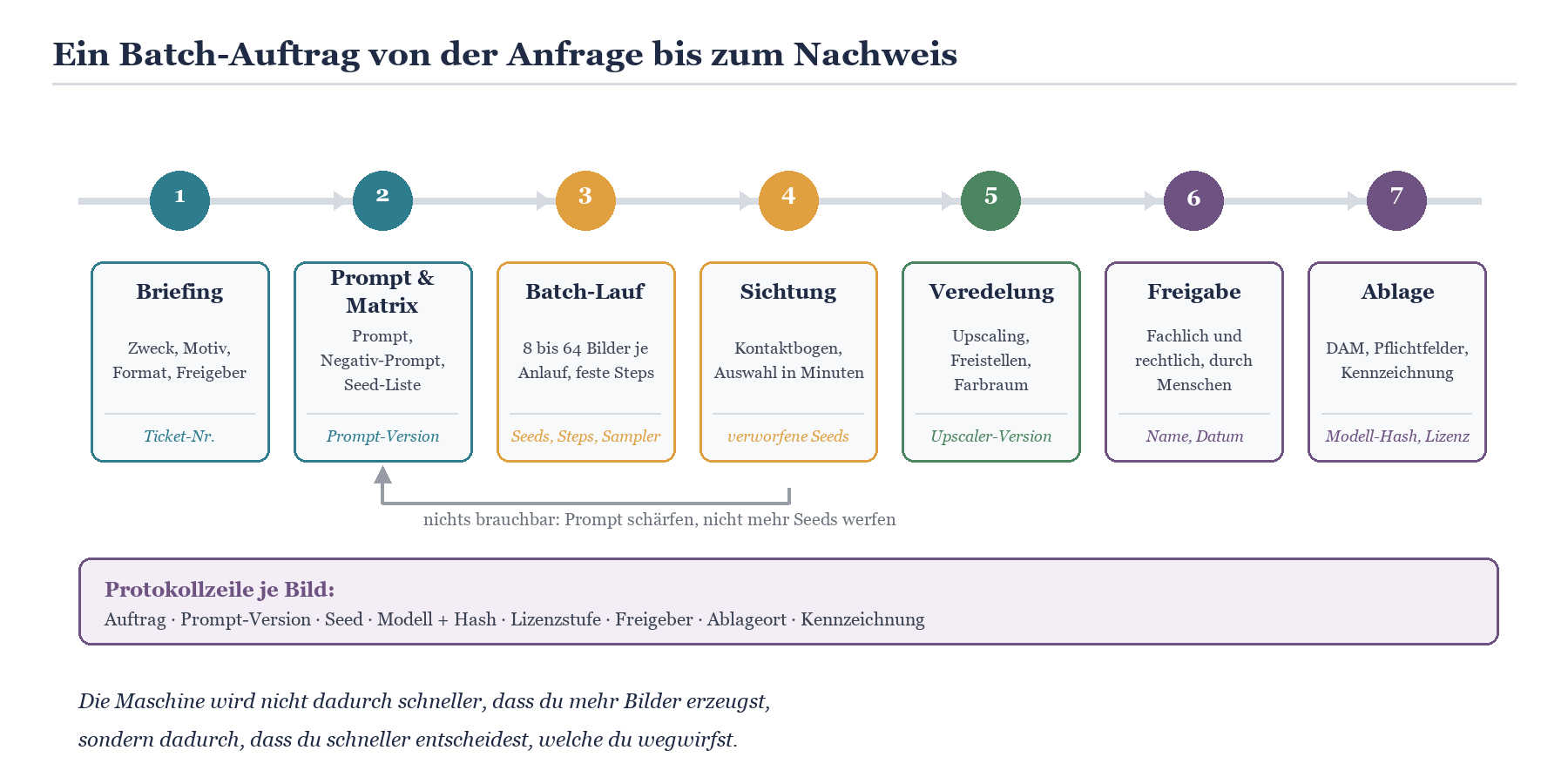 7-stufiger Prozess eines Batch-Auftrags: von Briefing über Batch-Lauf und Sichtung bis zur Ablage im DAM.
